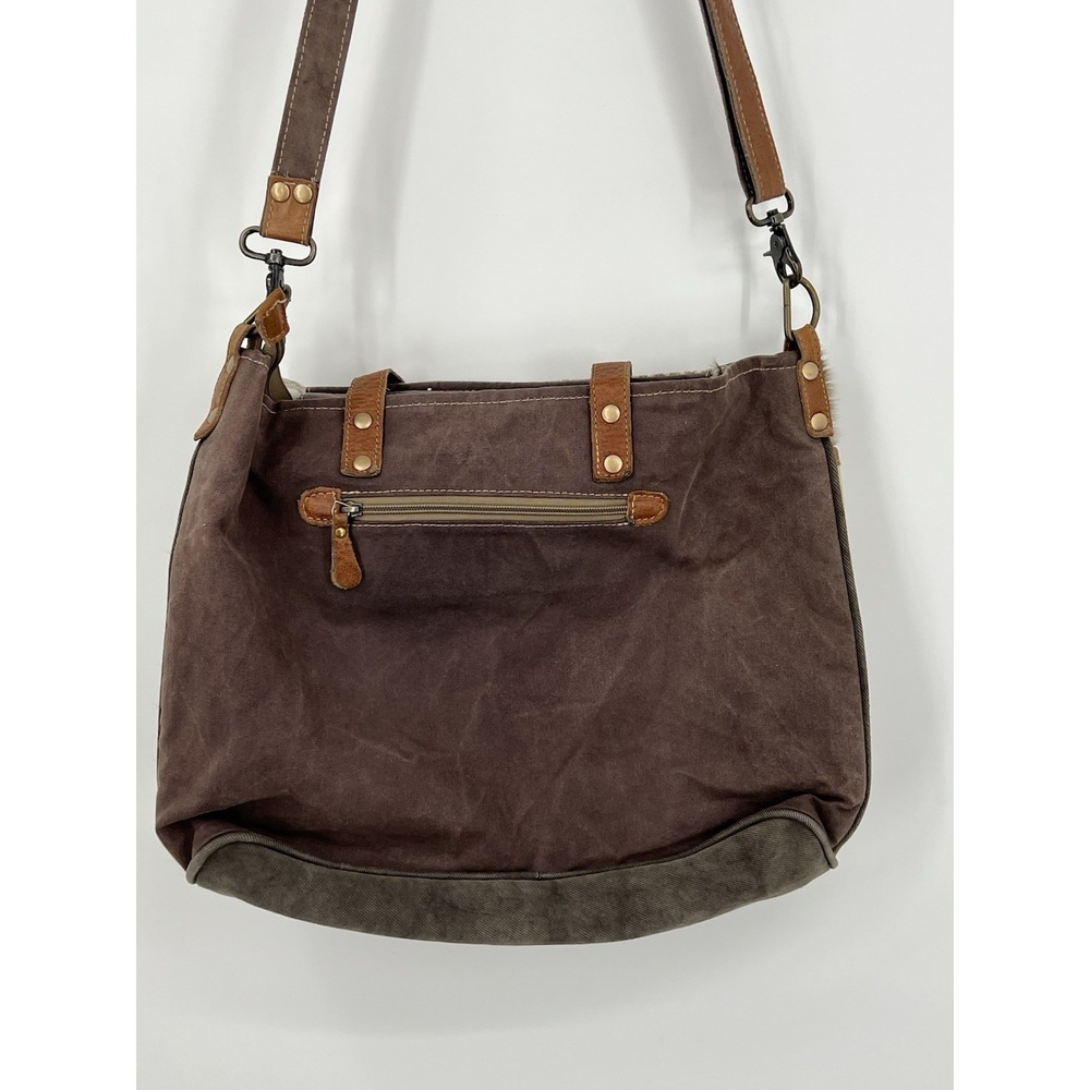Myra Mixed Media Large Tote Canvas & Leather Cowhide Crossbody Boho Work Bag - Picture 2 of 16